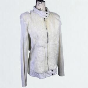 Y2K Moto Jacket Rabbit Fur Front Leather Hem Collar Sweater Sleeves Ivory Sz XL